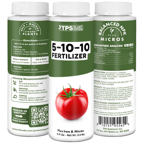 TPS NUTRIENTS 5-10-10 fertilizer around blooming flowers and vegetables shows vibrant color payoff