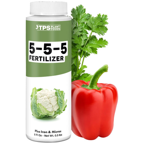 TPS NUTRIENTS 5-5-5 fertilizer bottle front, promotes steady growth across home gardens.