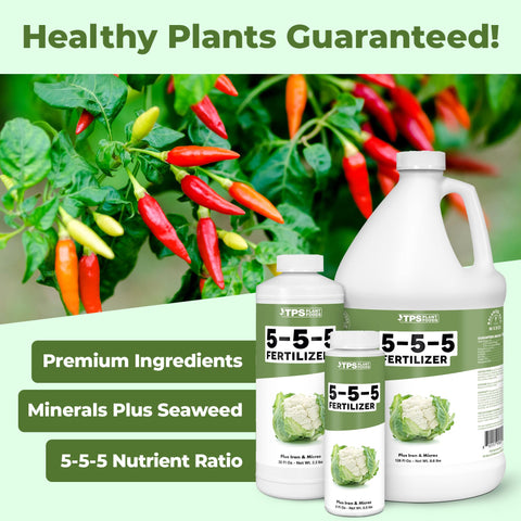 TPS NUTRIENTS 5-5-5 fertilizer bottle pour enables quick uptake for veggie and flower feeding.