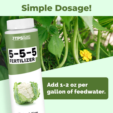 TPS NUTRIENTS 5-5-5 fertilizer in garden vegetables scene supports lush greens.