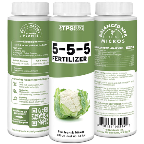TPS NUTRIENTS 5-5-5 fertilizer Made in the USA label signals quality for home gardens.