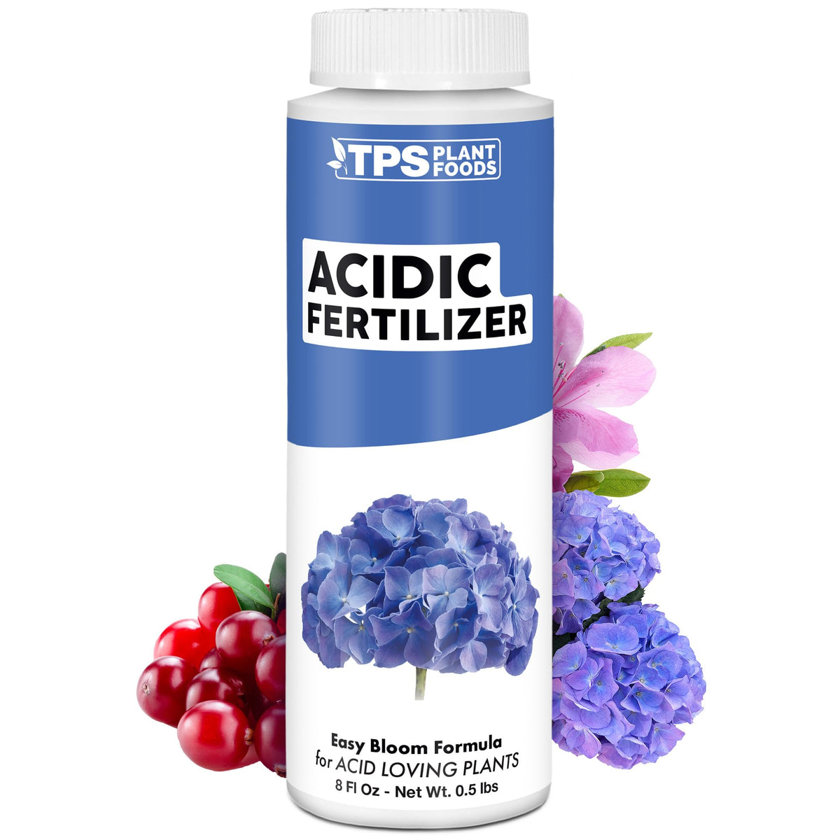 TPS NUTRIENTS Acidic Fertilizer bottle pour improves nutrient delivery for acid-loving plants.