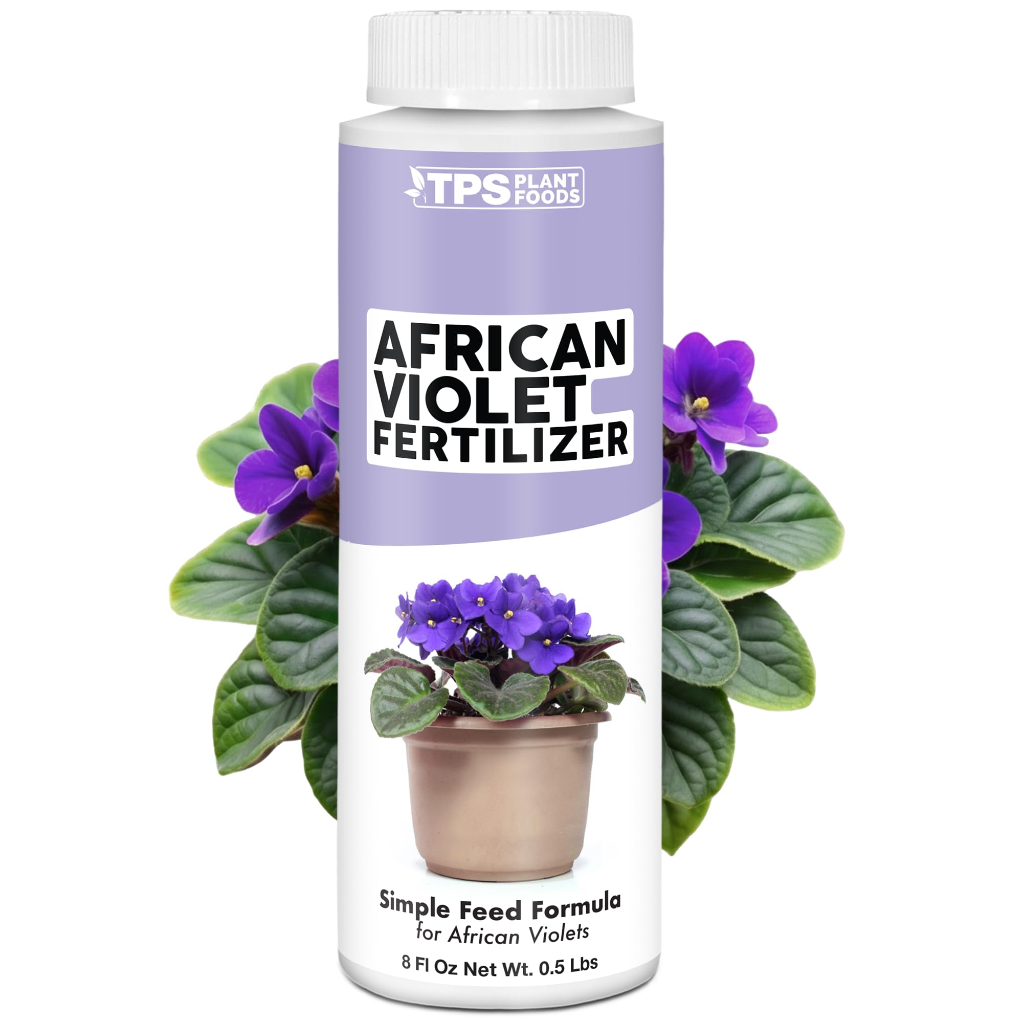 TPS NUTRIENTS African Violet Fertilizer bottle promotes indoor blooms.