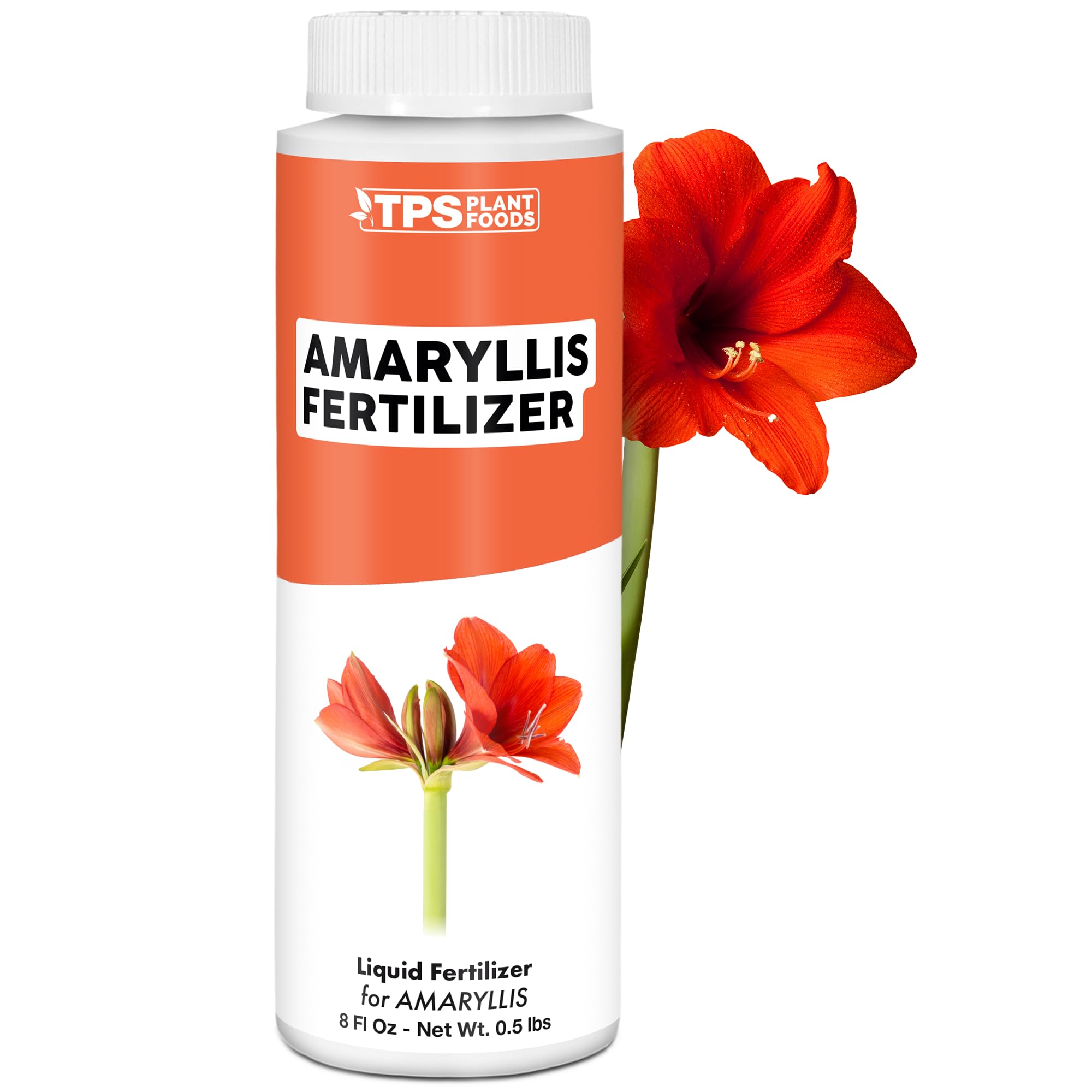 TPS NUTRIENTS Amaryllis Fertilizer bottle closeup for easy feeding and bigger blooms.