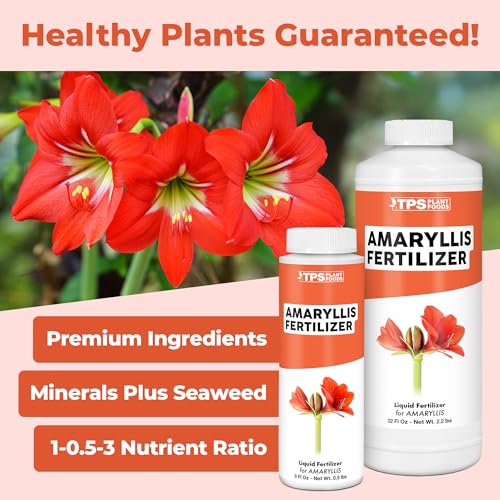 TPS NUTRIENTS Amaryllis Fertilizer pouring into water for balanced bulb nutrition.