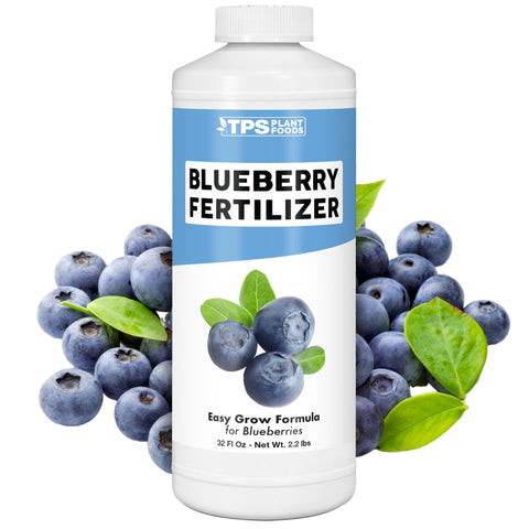 TPS Nutrients Blueberry Fertilizer bottle pour demonstrates easy liquid application for bigger berries.