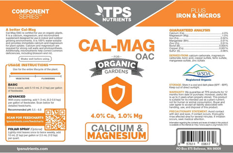 TPS NUTRIENTS Cal-Mag OAC label front highlights organic nutrients for resilient plants.