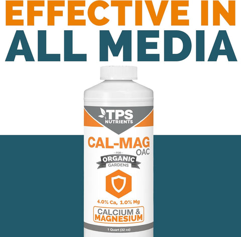 TPS NUTRIENTS Cal-Mag OAC bottle being poured for soil or hydroponics.