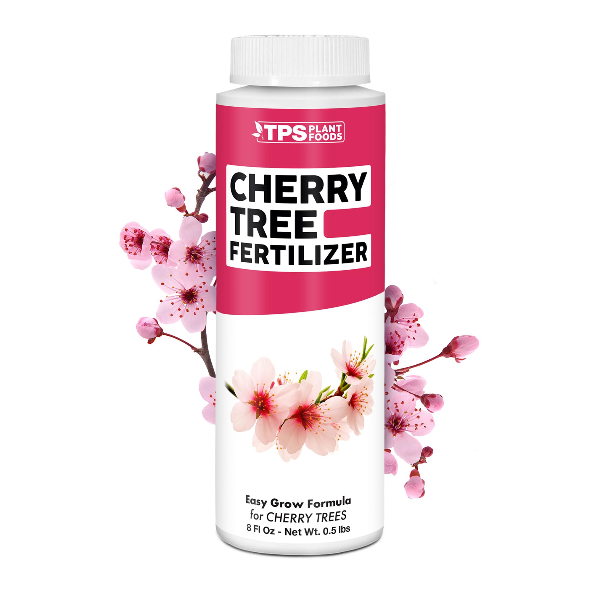TPS NUTRIENTS cherry tree fertilizer bottle shown for steady growth and fruiting.