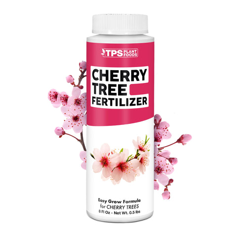 TPS NUTRIENTS cherry tree fertilizer bottle shown for steady growth and fruiting.