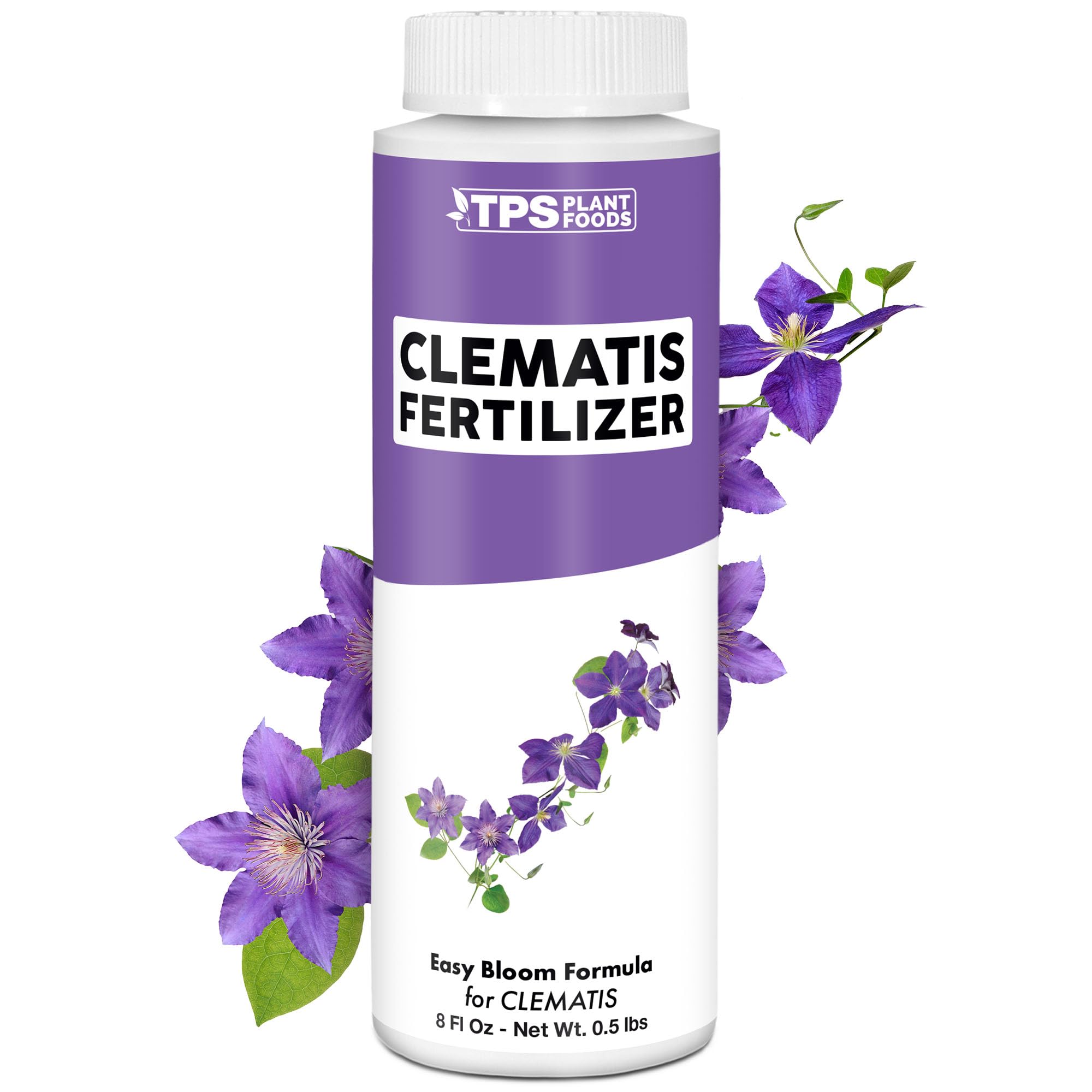 TPS NUTRIENTS Clematis Fertilizer bottle pouring feeds climbing vines for quick results.