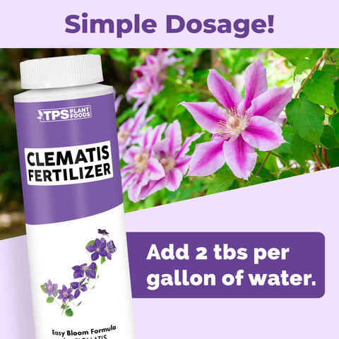TPS NUTRIENTS Clematis Fertilizer on a trellis supporting lush vines and color.