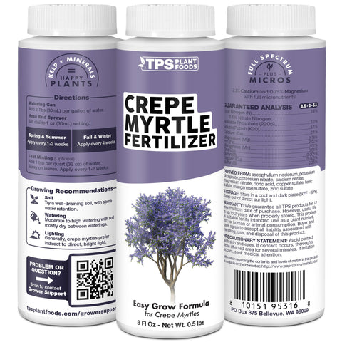 TPS NUTRIENTS Crepe Myrtle Fertilizer application in a garden scene hints at bloom-ready color potential