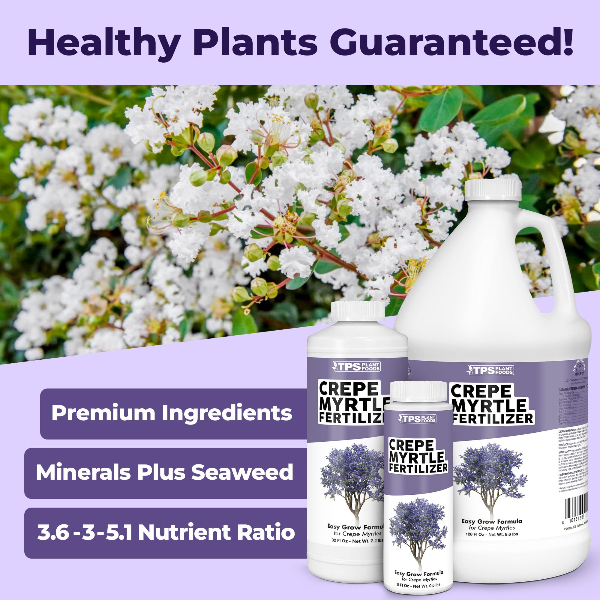 TPS NUTRIENTS Crepe Myrtle Fertilizer bottle pour demonstrates easy dosing for vibrant blooms
