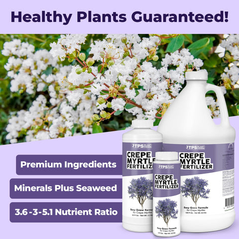 TPS NUTRIENTS Crepe Myrtle Fertilizer bottle pour demonstrates easy dosing for vibrant blooms