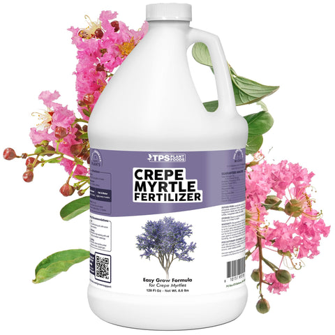 TPS NUTRIENTS Crepe Myrtle Fertilizer bottle pouring to nourish the tree