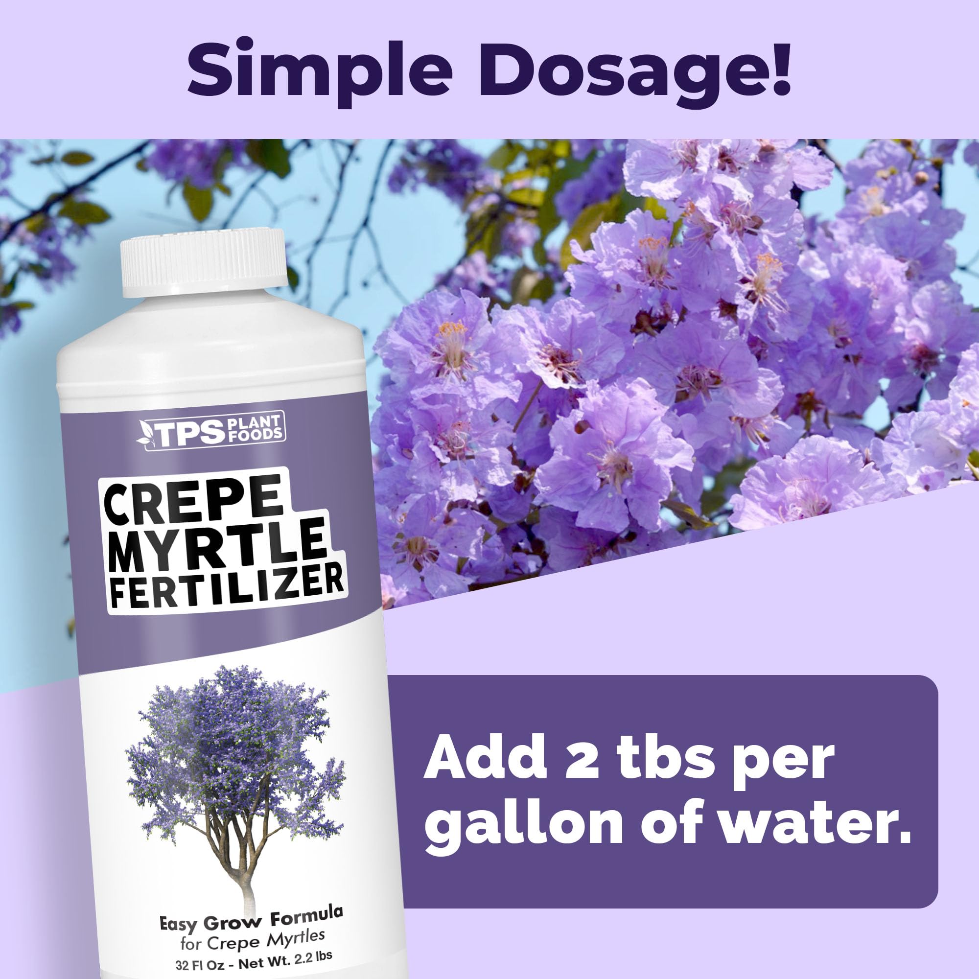 TPS NUTRIENTS Crepe Myrtle Fertilizer measuring cup shows precise feeding for strong branches