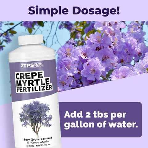 TPS NUTRIENTS Crepe Myrtle Fertilizer measuring cup shows precise feeding for strong branches