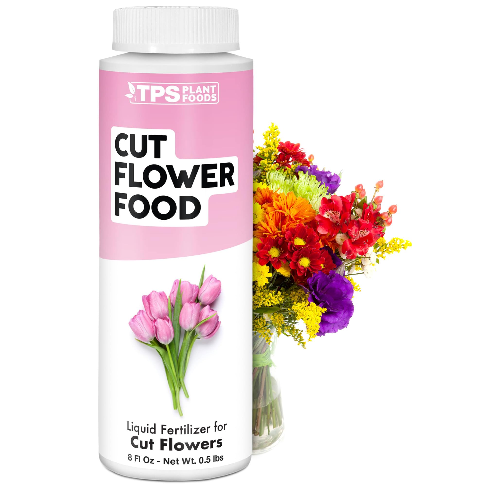 TPS NUTRIENTS Cut Flower Food bottle pouring into a vase to extend vase life.