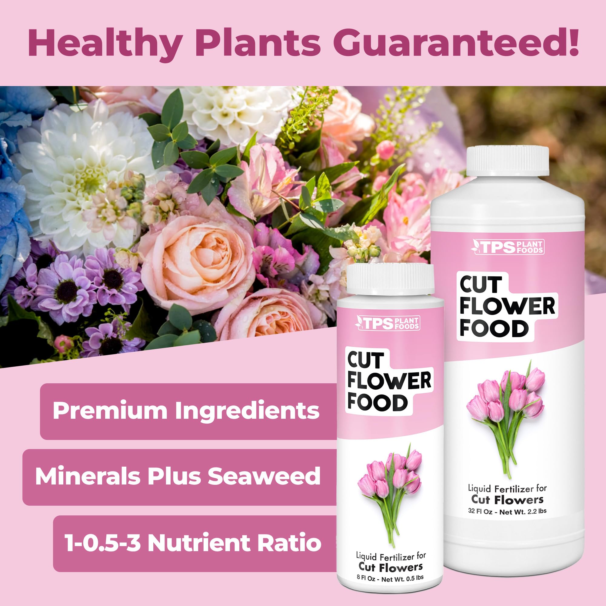 TPS NUTRIENTS Cut Flower Food bright blooms close-up show vibrant petals.