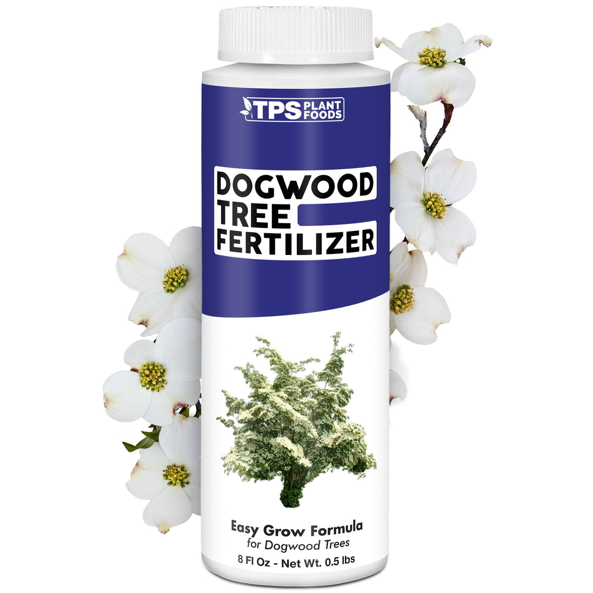 TPS Nutrients Dogwood Tree Fertilizer bottle pour supports soil nourishment for vibrant blooms.