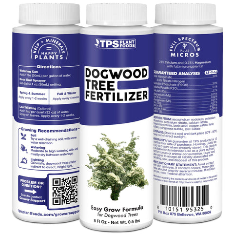 TPS Nutrients Dogwood Tree Fertilizer in a garden scene promotes healthy growth and color.