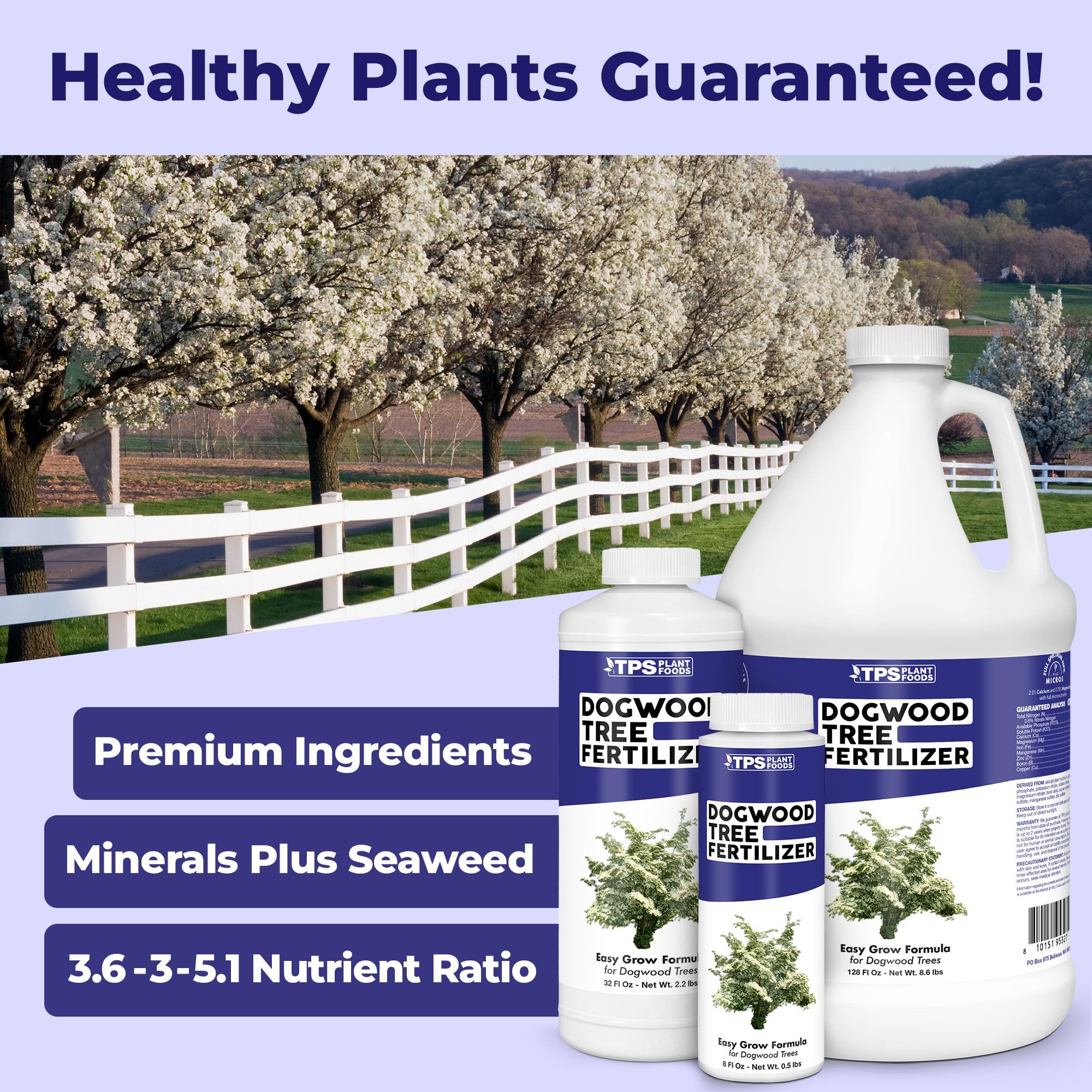 TPS Nutrients Dogwood Tree Fertilizer label close-up highlights balanced nutrients for growth.