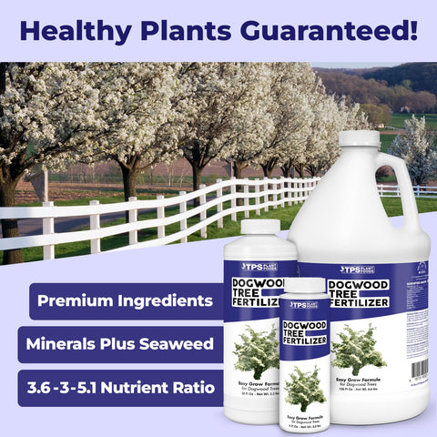 TPS Nutrients Dogwood Tree Fertilizer label close-up highlights balanced nutrients for growth.