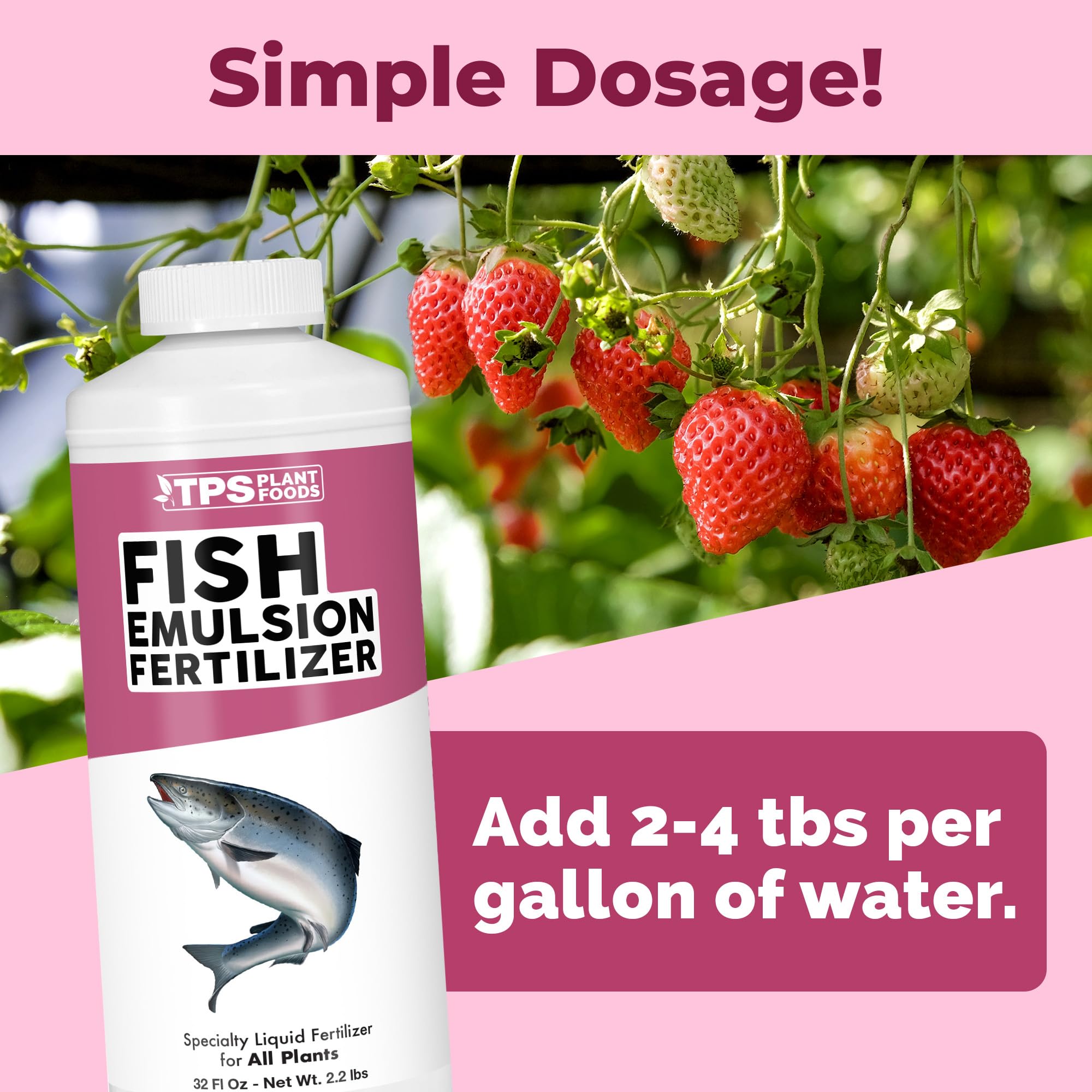 TPS NUTRIENTS Fish Emulsion nutrient graphic highlights balanced salmon nutrients for growth.
