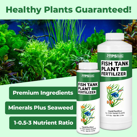 TPS NUTRIENTS Fish Tank Green Leaves closeup shows lush foliage in a planted aquarium.