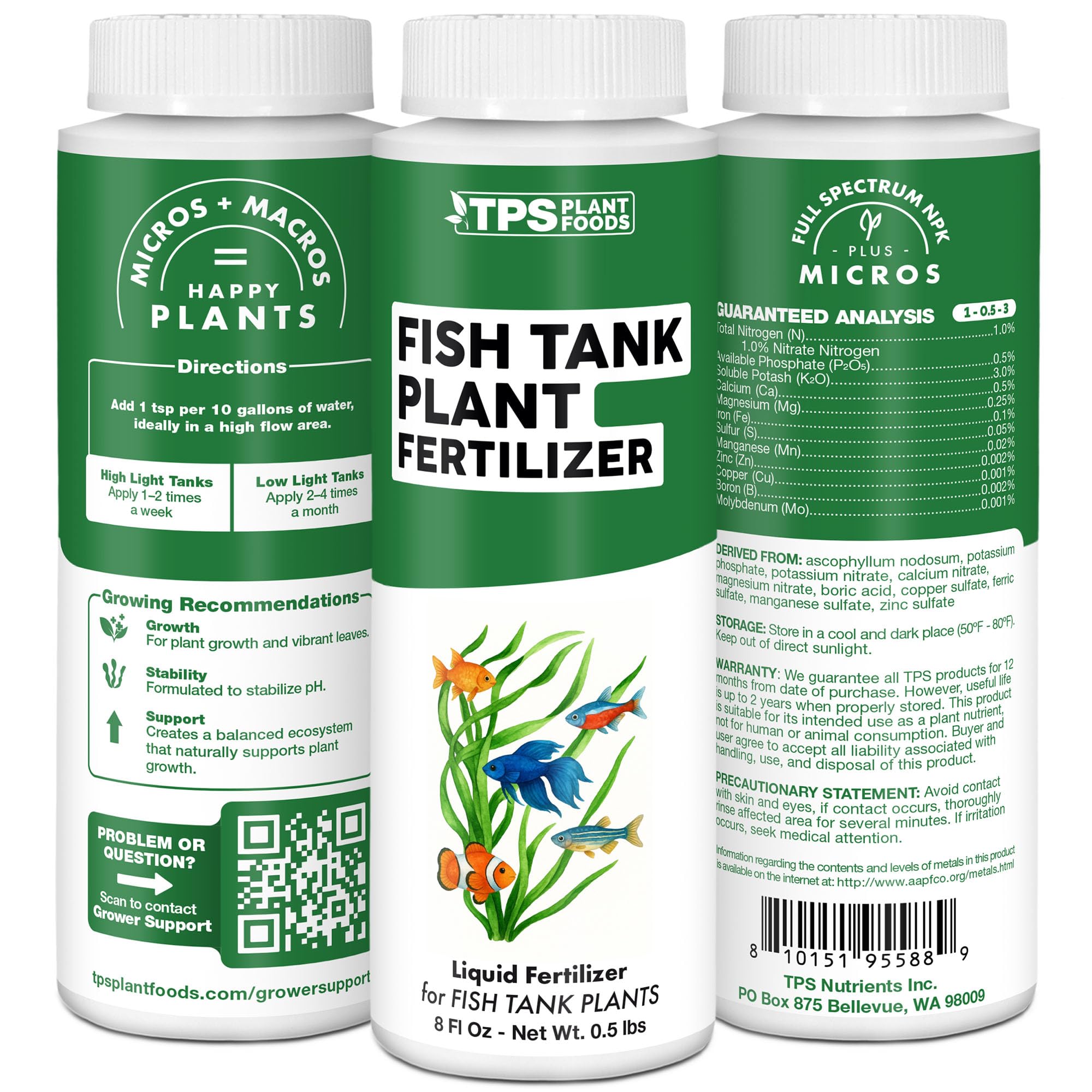 TPS NUTRIENTS Fish Tank Safe Water indicates worry-free maintenance for aquatic life.
