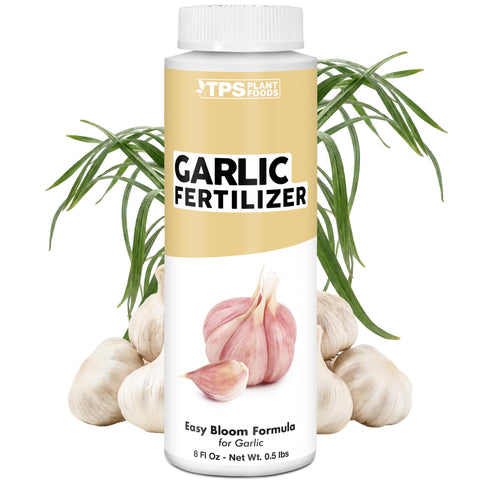 TPS NUTRIENTS garlic fertilizer bottle boosting bulb growth and root health.