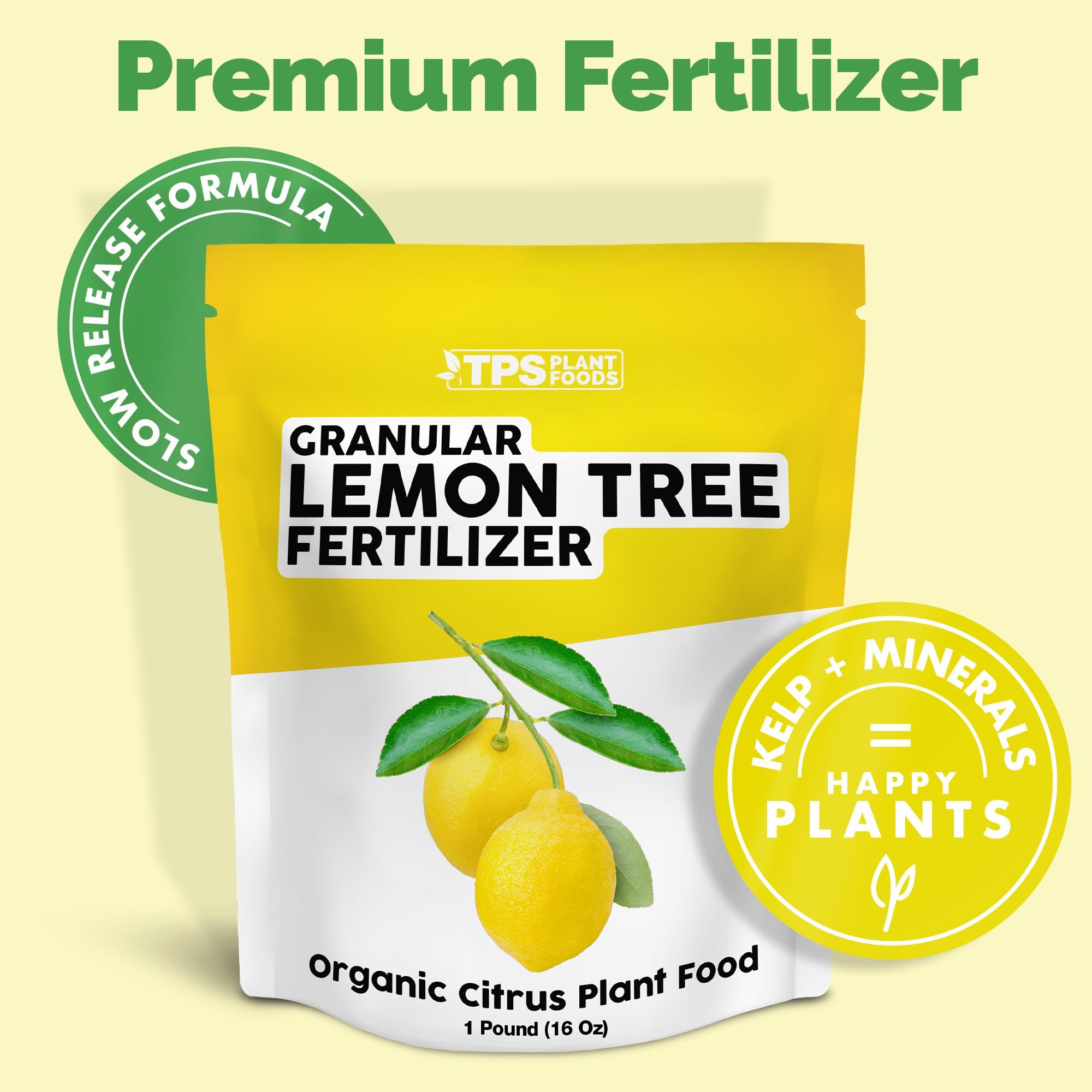 TPS NUTRIENTS granular lemon tree fertilizer granules applied to soil support steady feeding.