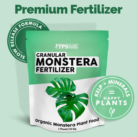 TPS NUTRIENTS granules in soil deliver gradual nutrition for steady monstera growth.