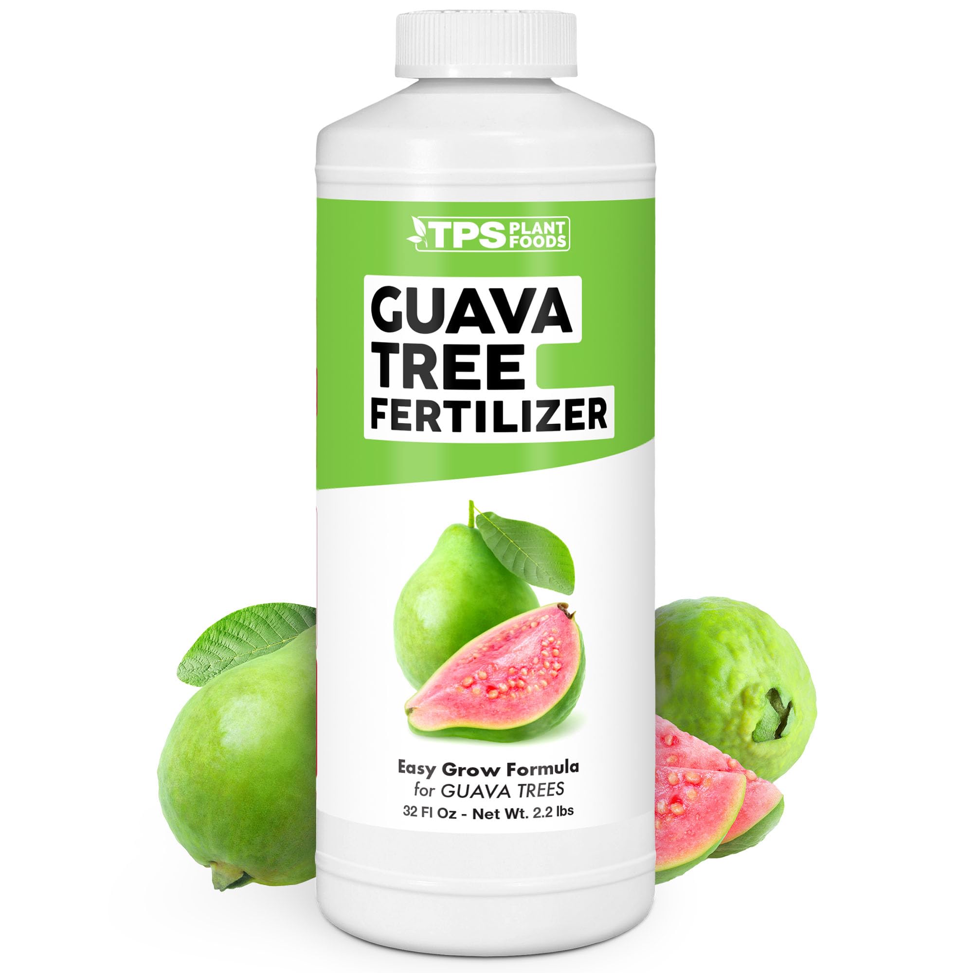 TPS Nutrients Guava Tree Fertilizer bottle label highlights balanced formula for steady growth.