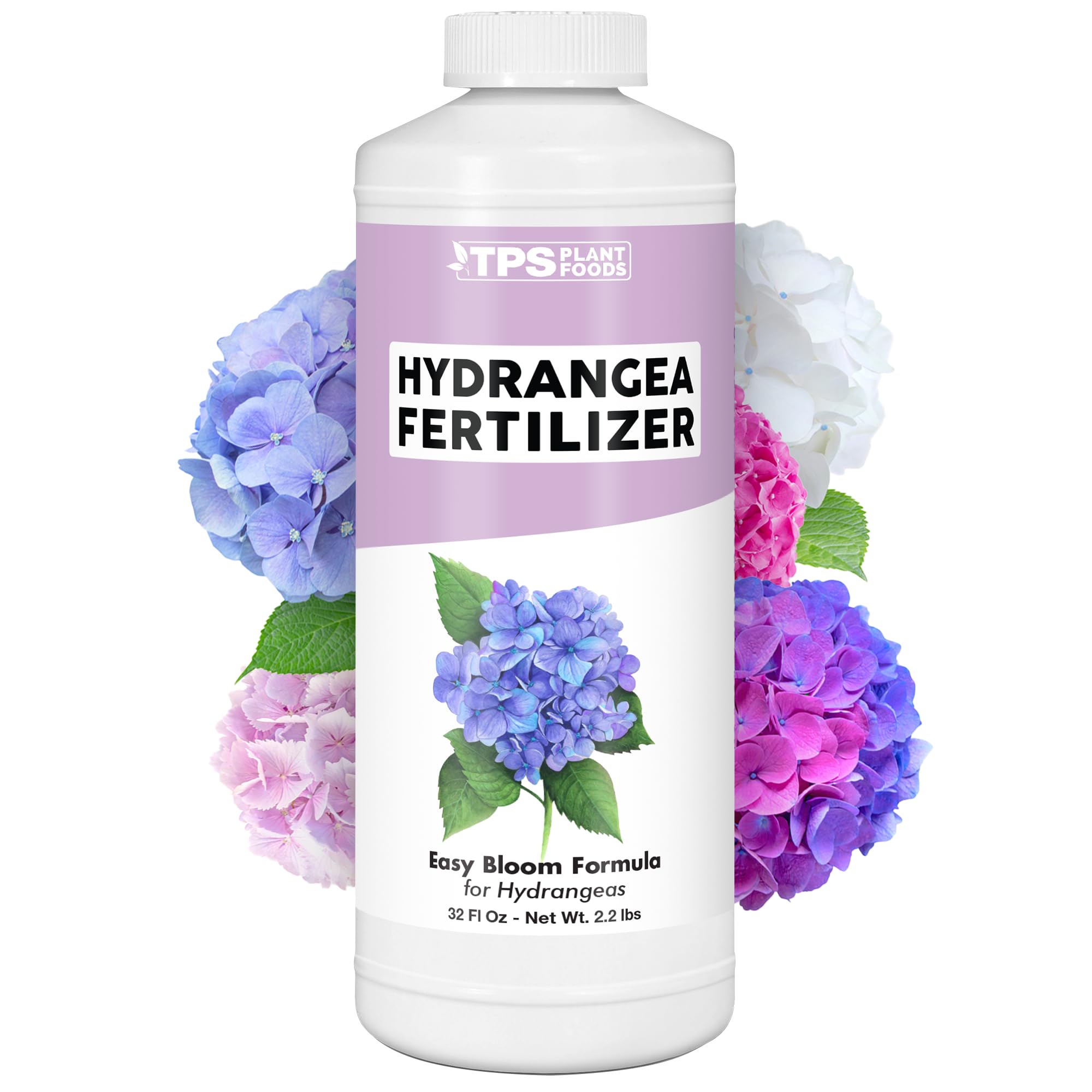 TPS NUTRIENTS Hydrangea Fertilizer bottle being poured to support larger blooms.