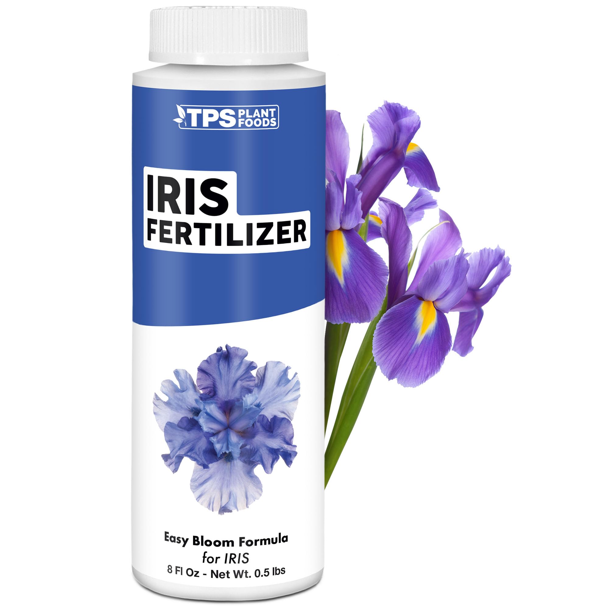 TPS NUTRIENTS Iris Fertilizer bottle pouring for quick feeding and vibrant iris blooms.