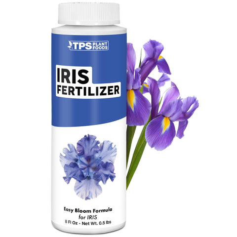 TPS NUTRIENTS Iris Fertilizer bottle pouring for quick feeding and vibrant iris blooms.