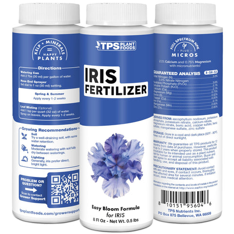 TPS NUTRIENTS Iris Fertilizer USA-made label with complete nutrient profile.