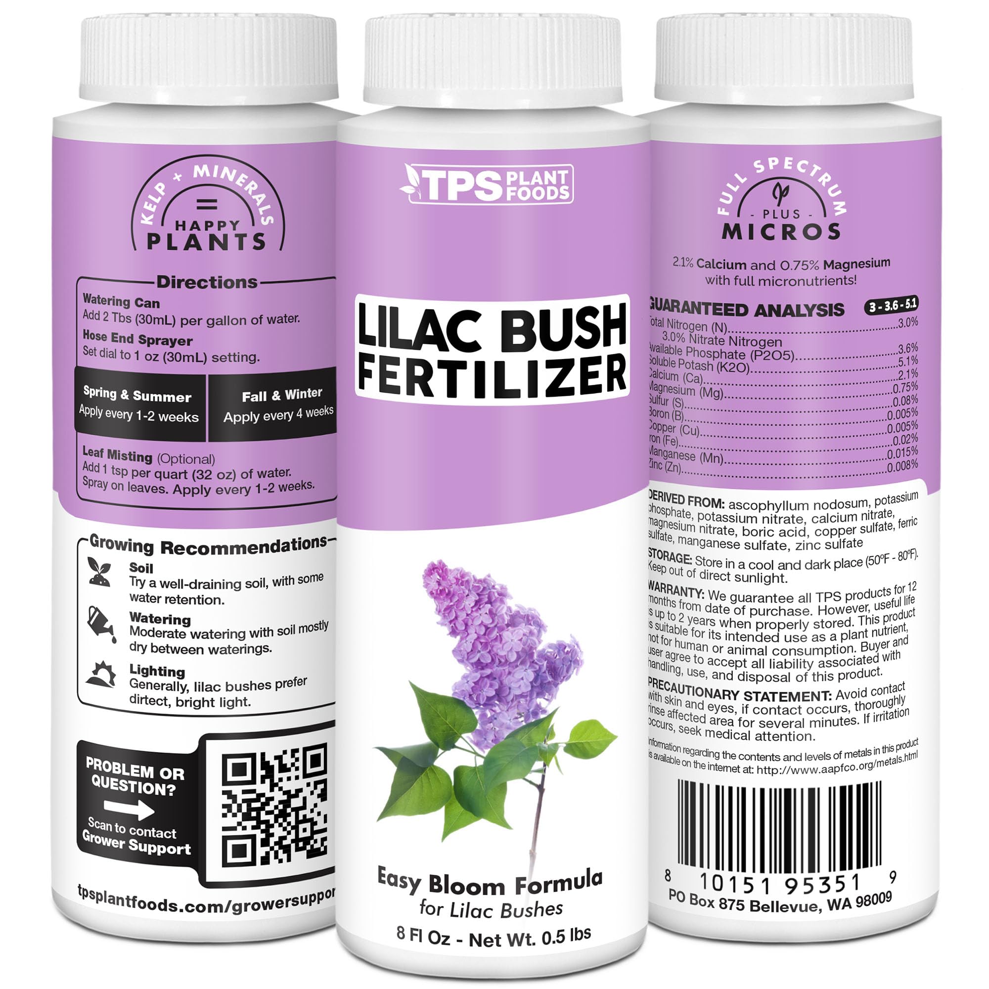 TPS NUTRIENTS Lilac Fertilizer instruction card with care steps