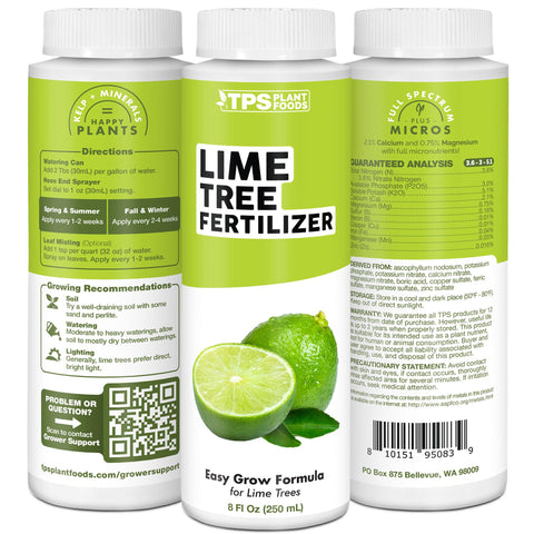 TPS NUTRIENTS Lime Tree Fertilizer applied to a potted lime tree on a patio.