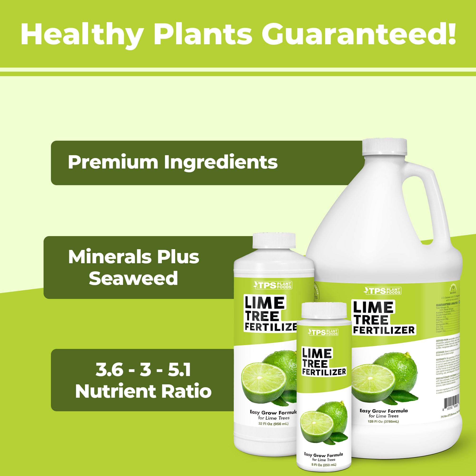 Close-up of the TPS NUTRIENTS Lime Tree Fertilizer label showing balanced citrus nutrients.