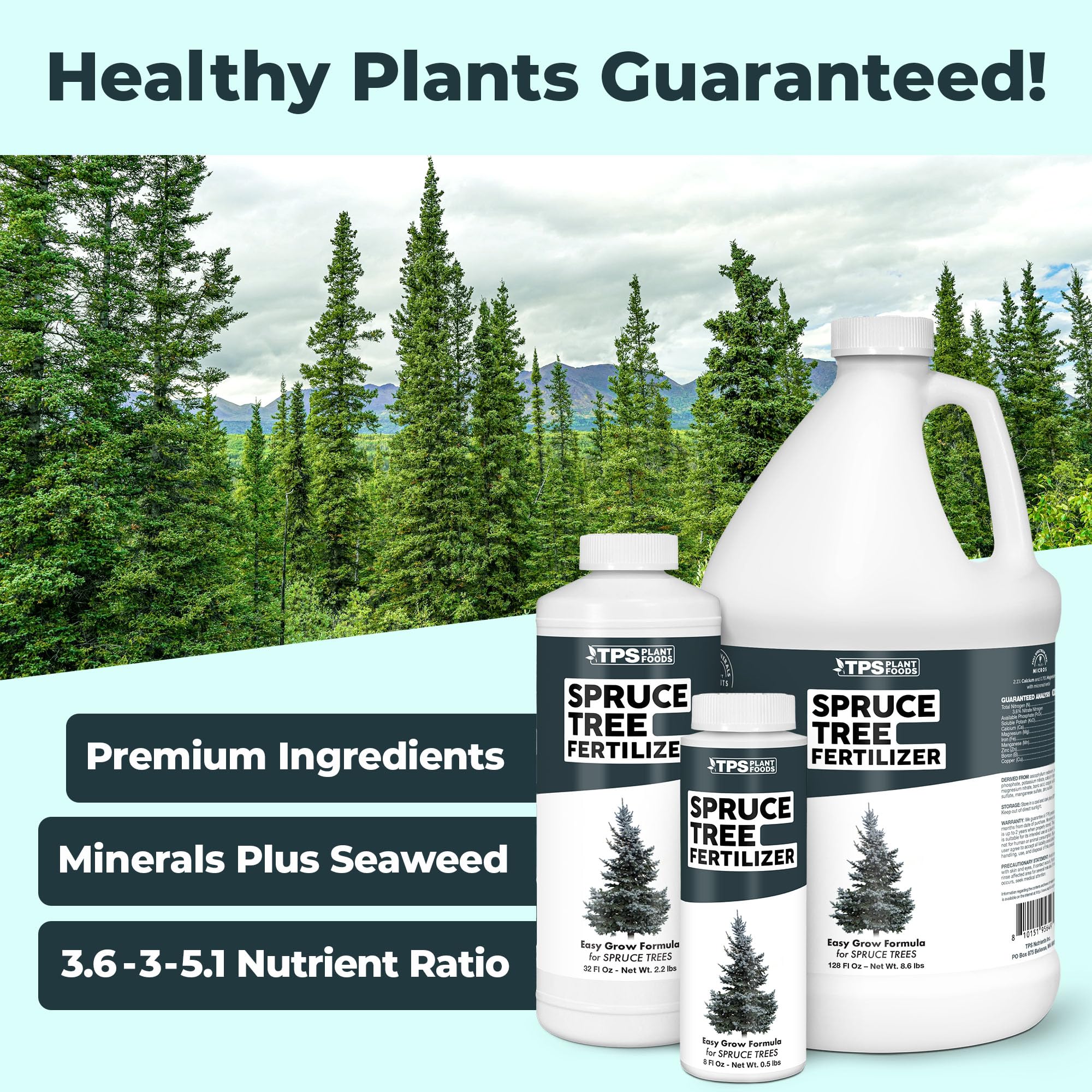 TPS NUTRIENTS liquid plant food promoting rich green needles and stronger roots.