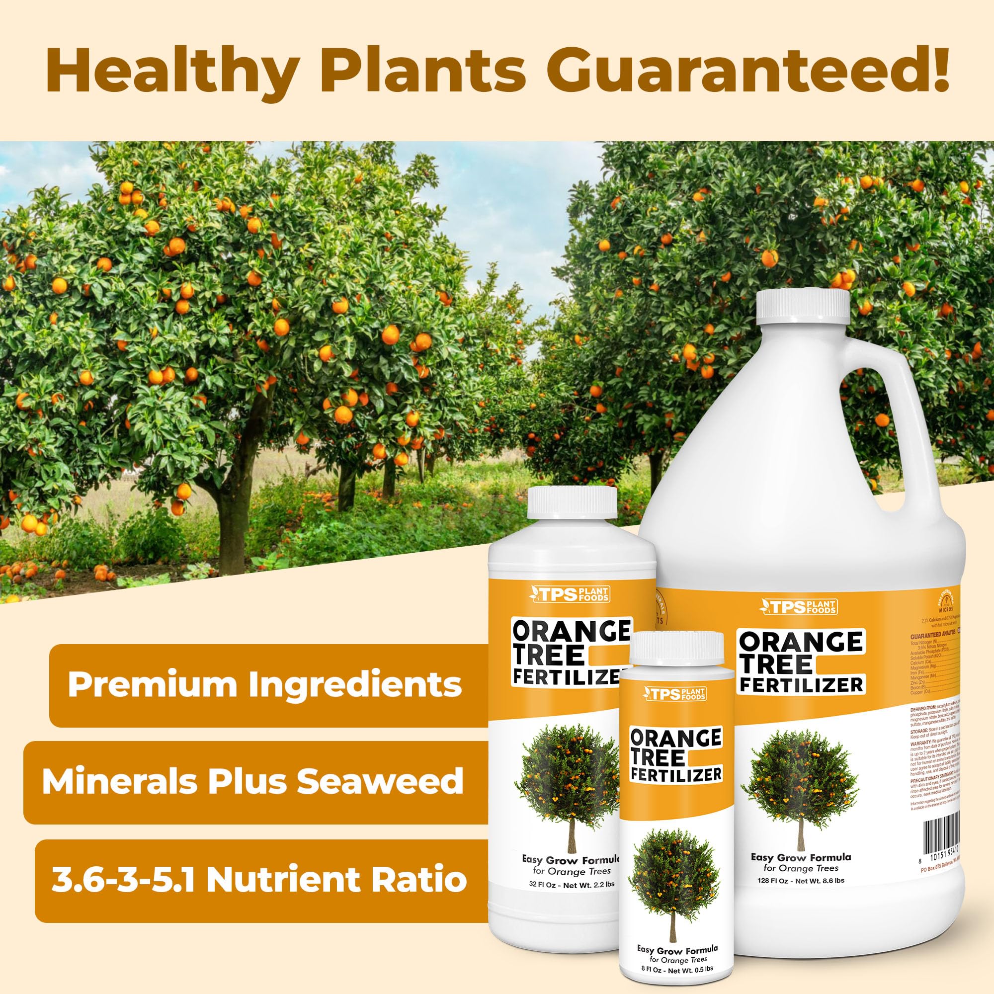 TPS NUTRIENTS liquid plant food being poured around orange trees to nourish soil