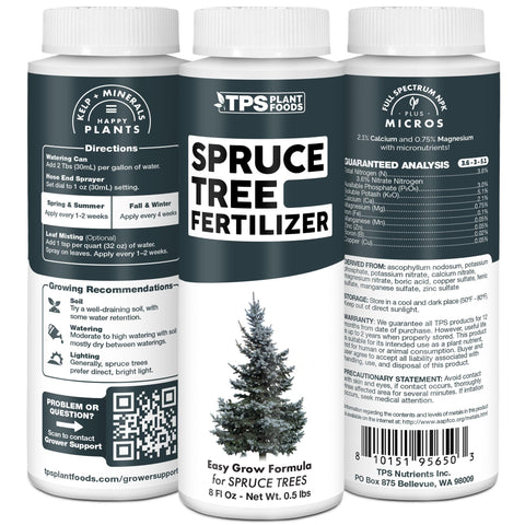 Made in the USA label on TPS NUTRIENTS Spruce Tree Fertilizer for consistent evergreen performance.