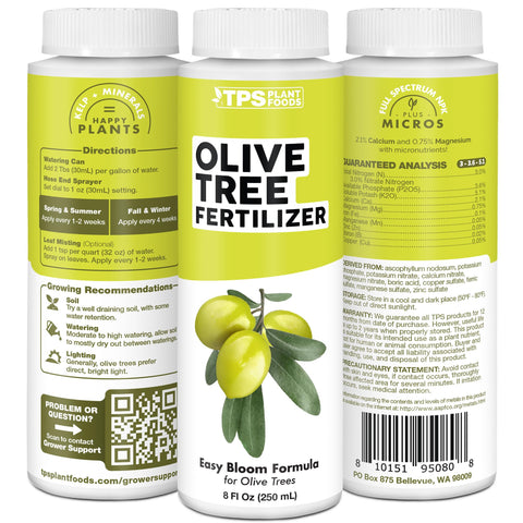 TPS NUTRIENTS Olive Tree Fertilizer container in a garden setting signaling root and tree health support.