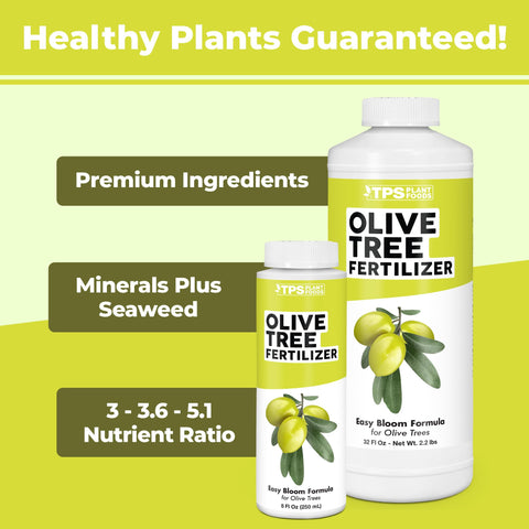 TPS NUTRIENTS Olive Tree Fertilizer label closeup highlights nutrients for healthy foliage.