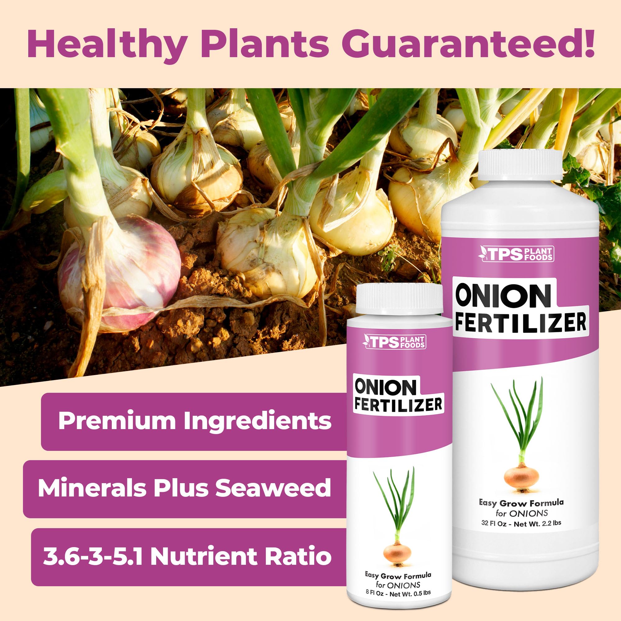 TPS NUTRIENTS Onion Fertilizer label close-up shows balanced NPK for onions.