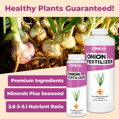 TPS NUTRIENTS Onion Fertilizer label close-up shows balanced NPK for onions.