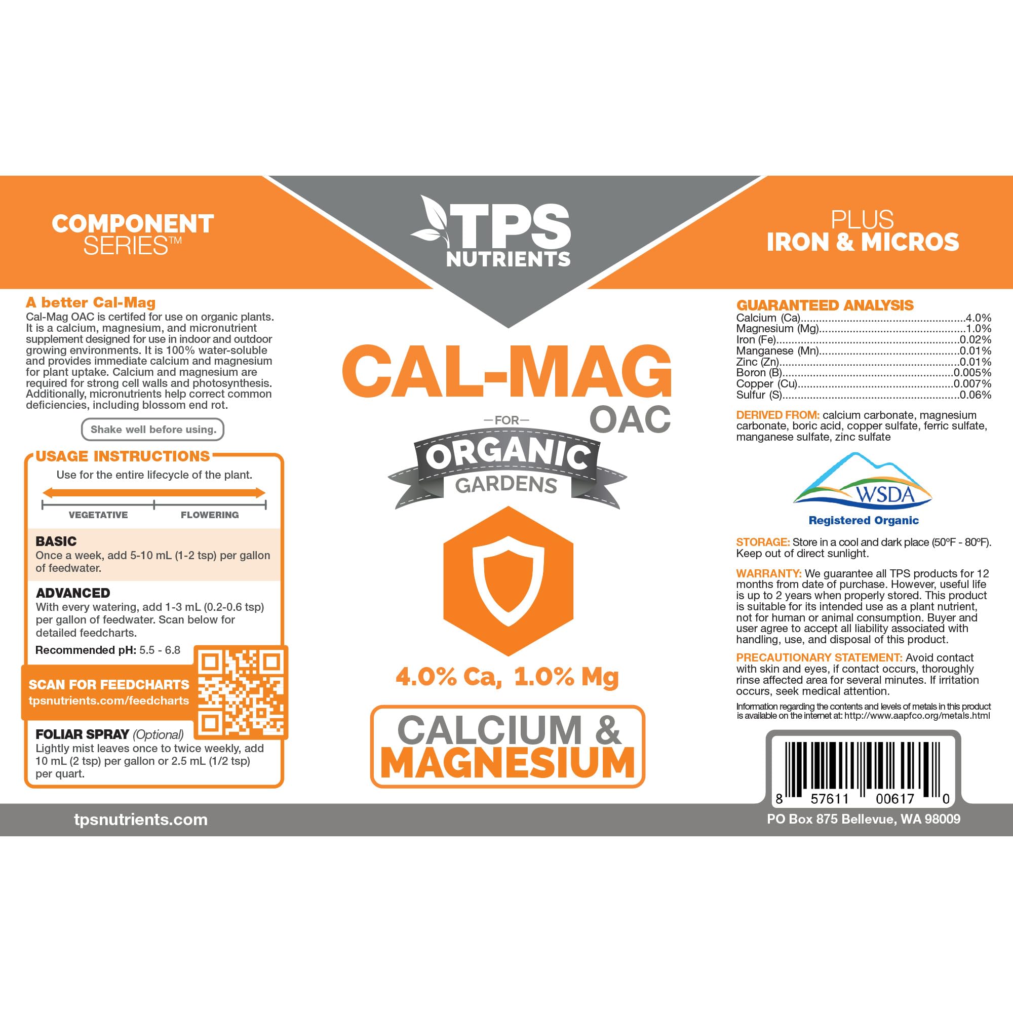 TPS NUTRIENTS Organic Cal-Mag OAC label closeup showing minerals for healthy growth.